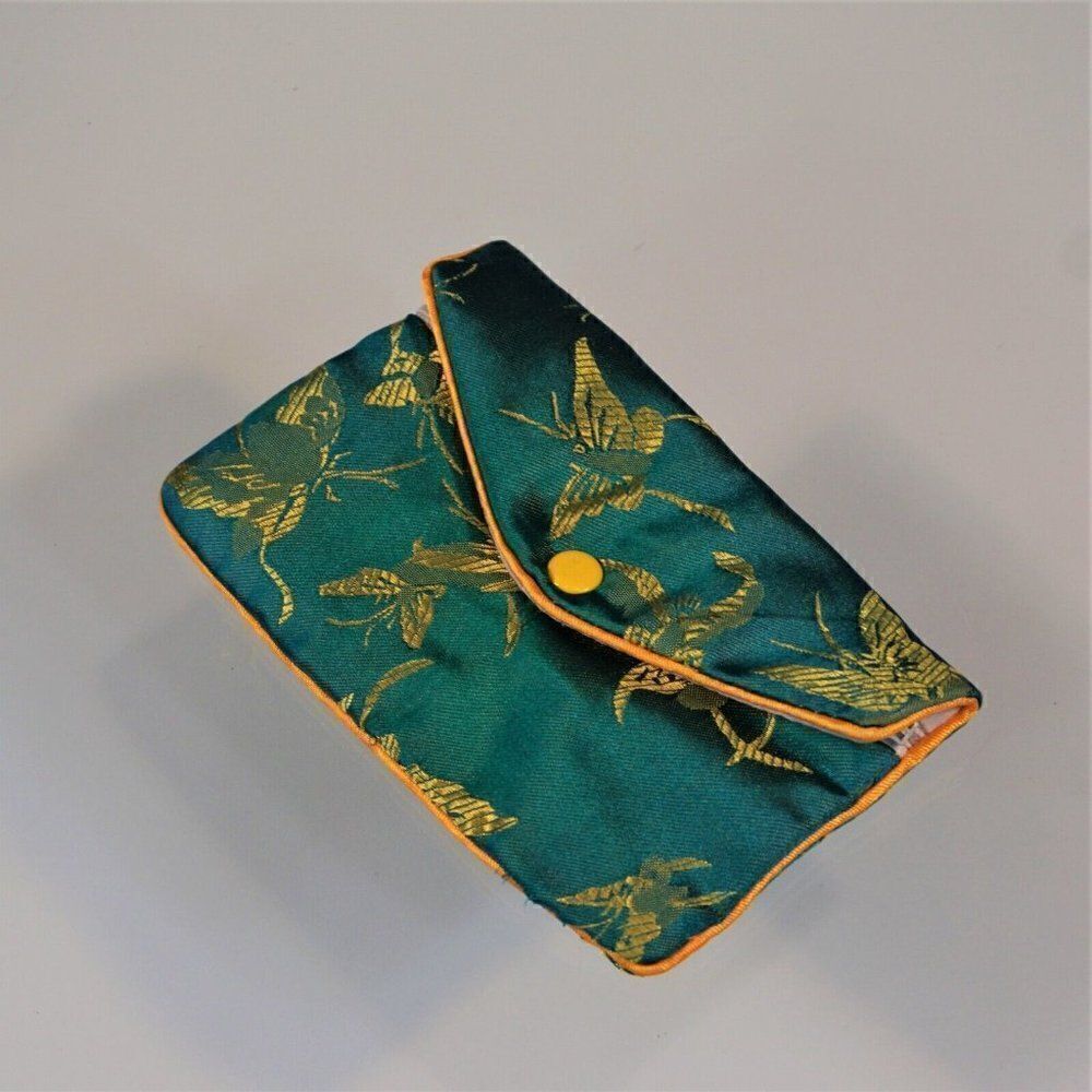 Vintage Yik Fun Jewelry Pouch Chinese Brocade Snap Button Zipper Blue Yellow